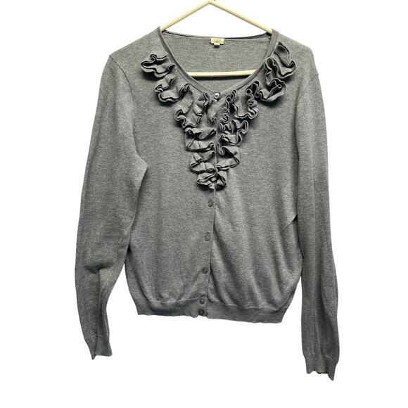 J.Crew Gray Ruffle Front Cardigan Sweater 100% Cotton Size M - Picture 1 of 11